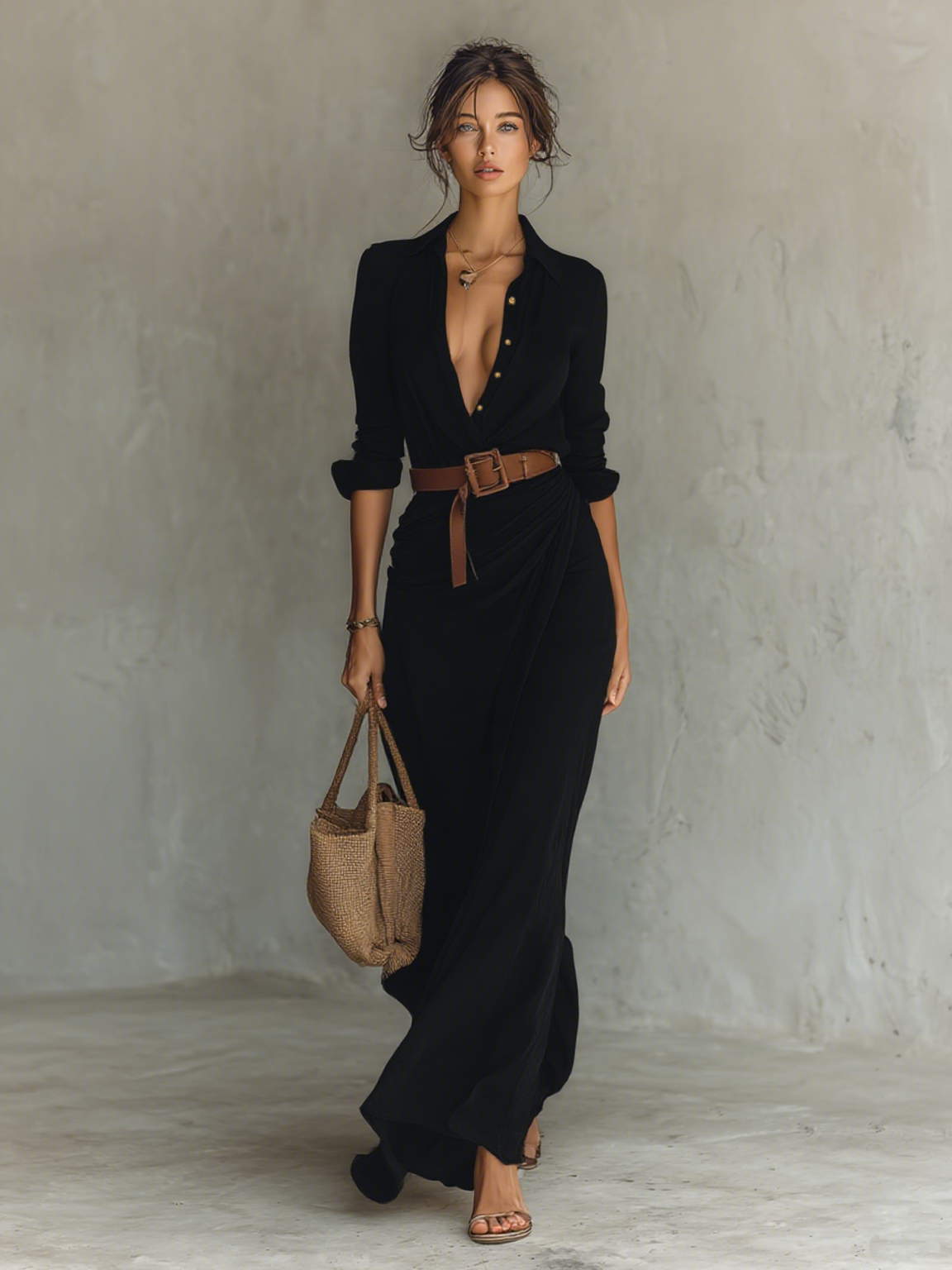 Aurora | Maxi Dress with Notched Lapel &amp; Long Sleeves