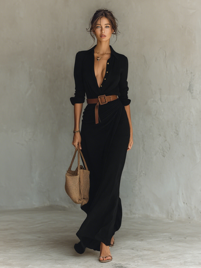Aurora | Maxi Dress with Notched Lapel &amp; Long Sleeves