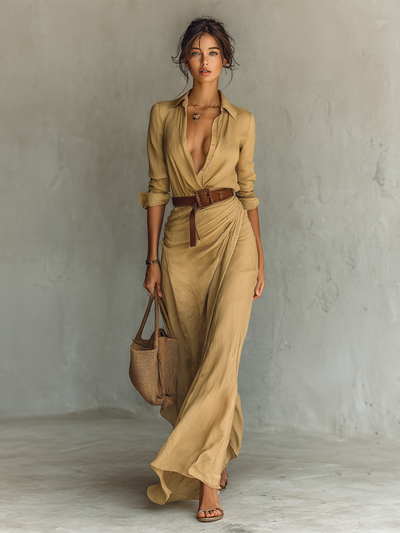 Aurora | Maxi Dress with Notched Lapel &amp; Long Sleeves