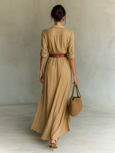 Aurora | Maxi Dress with Notched Lapel &amp; Long Sleeves